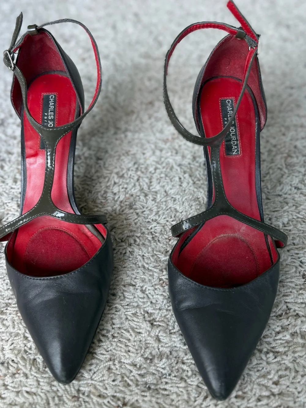 Charles Jourdan Black Pointed-Toe T-Strap Heels with Red Lining